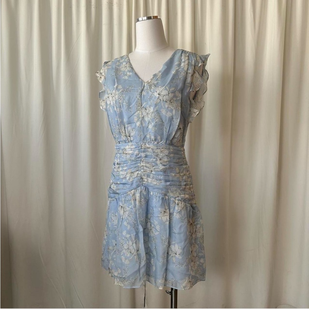 Intermix Vintage Vibe Light Blue Floral Silk Mini Dress Ruffled & Ruched - Picture 3 of 13